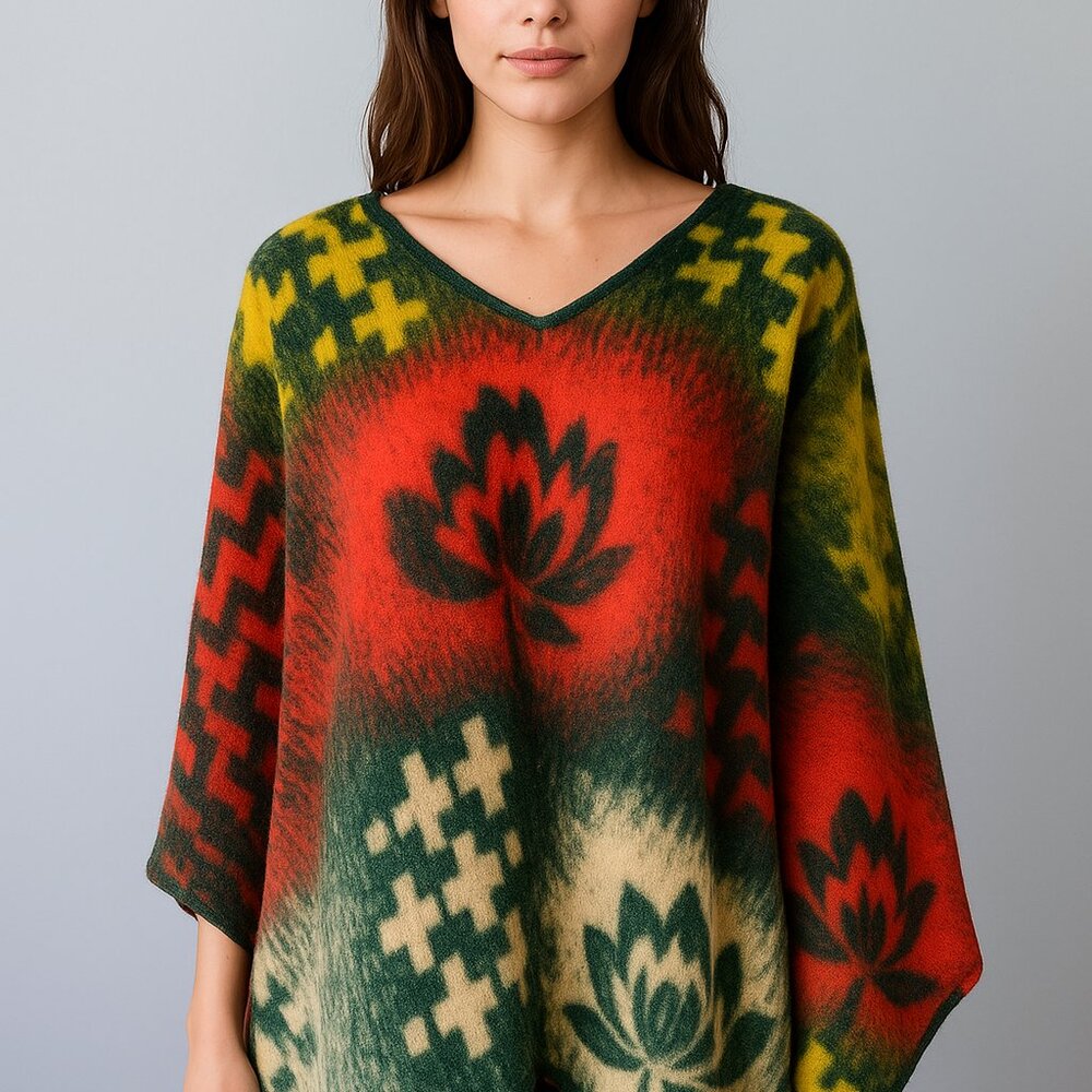 Vintage Wool Blanket Poncho/ 60's Airbrushed Stencil Print Wool/ L-XL - Picture 10 of 10